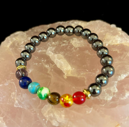 Chakra Healing Reiki-Infused Beaded Bracelet with Hematite for Full-Spectrum Balance, Grounding & Protection (Medium or Large Wrists)