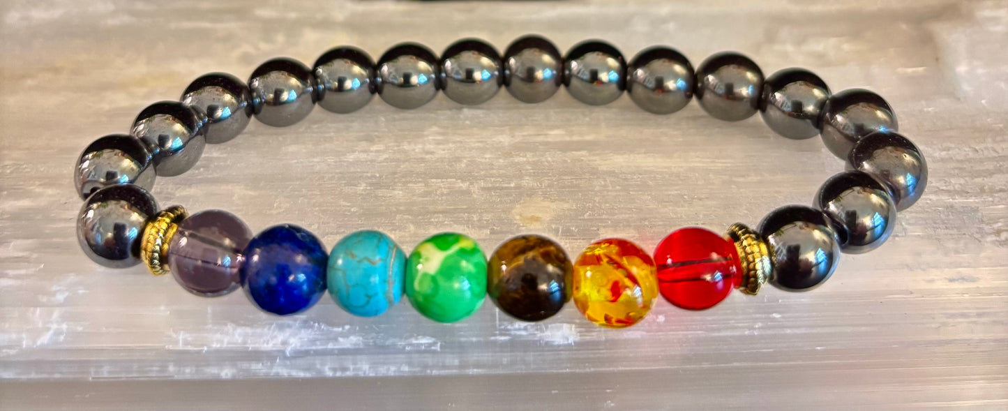 Chakra Healing Reiki-Infused Beaded Bracelet with Hematite for Full-Spectrum Balance, Grounding & Protection (Medium or Large Wrists)
