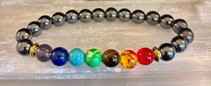 Chakra Healing Reiki-Infused Beaded Bracelet with Hematite for Full-Spectrum Balance, Grounding & Protection (Medium or Large Wrists)