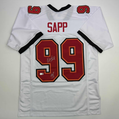 Autographed/Signed Warren Sapp HOF 13 Tampa Bay White Football Jersey Beckett BAS COA
