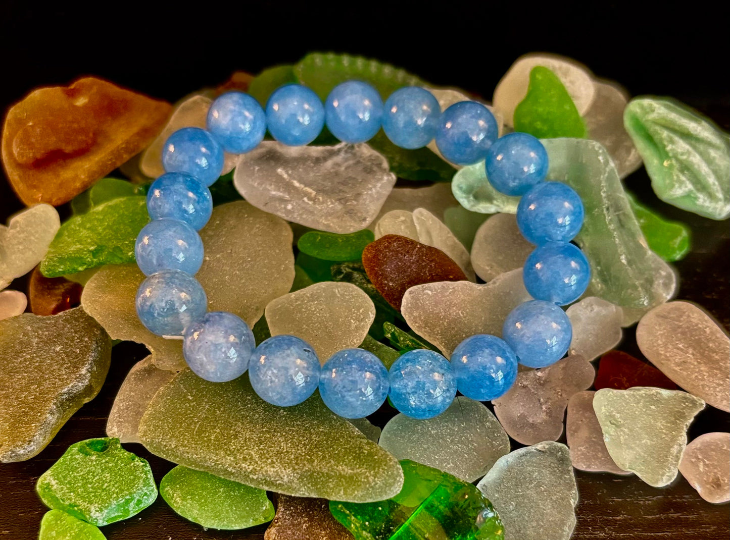Aquamarine Beaded Bracelet – Reiki-Infused Calm, Clarity & Communication Jewelry (Medium Wrist)