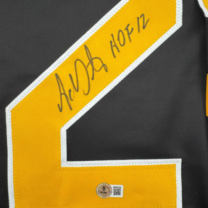 Autographed/Signed Adam Oates "HOF 12" Boston Black Hockey Jersey Beckett BAS COA