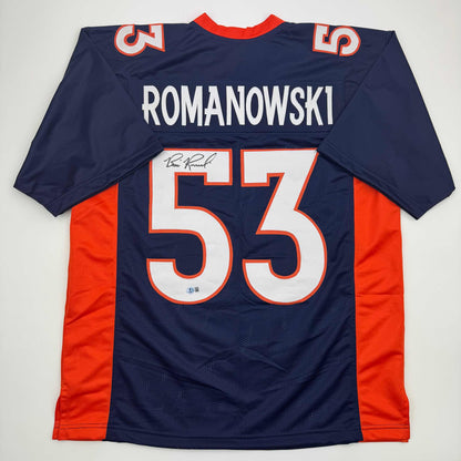 Autographed/Signed Bill Romanowski Denver Blue Football Jersey Beckett BAS COA