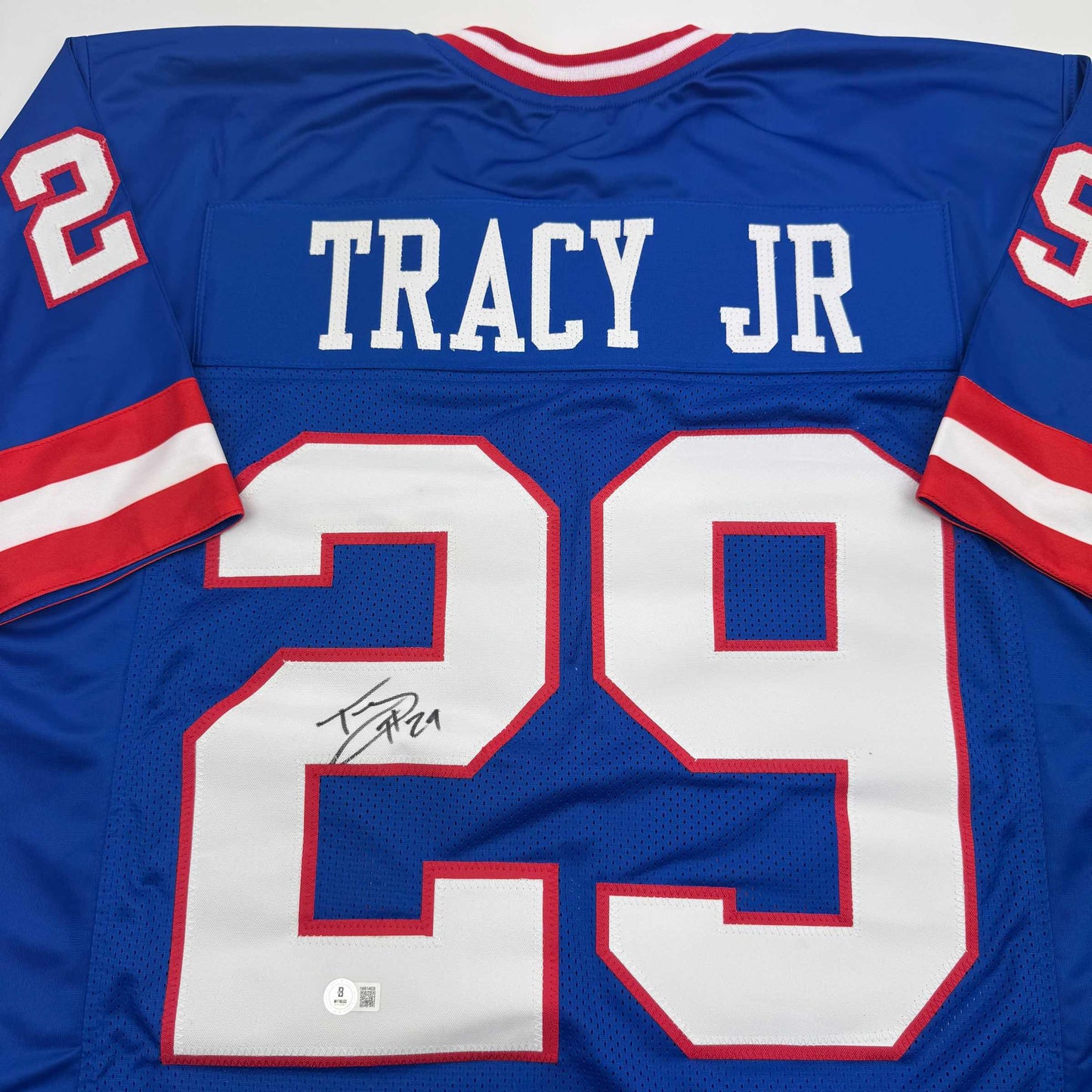 Autographed/Signed Tyrone Tracy Jr. New York Blue Football Jersey Beckett BAS COA #2