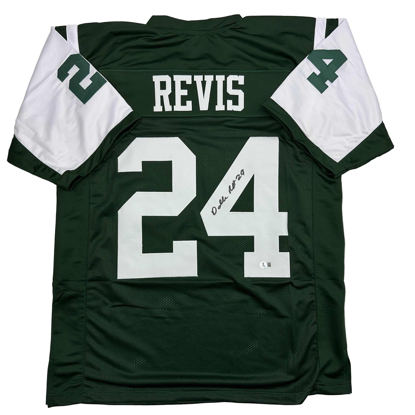 Autographed/Signed Darrelle Revis New York Green Football Jersey Beckett BAS COA