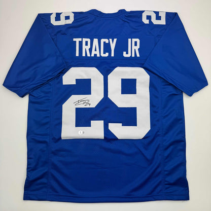 Autographed/Signed Tyrone Tracy Jr. New York Blue Football Jersey Beckett BAS COA