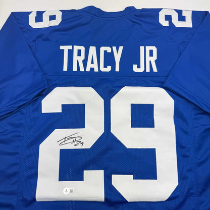 Autographed/Signed Tyrone Tracy Jr. New York Blue Football Jersey Beckett BAS COA
