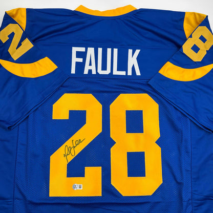 Autographed/Signed Marshall Faulk St. Louis Blue Football Jersey Beckett BAS COA