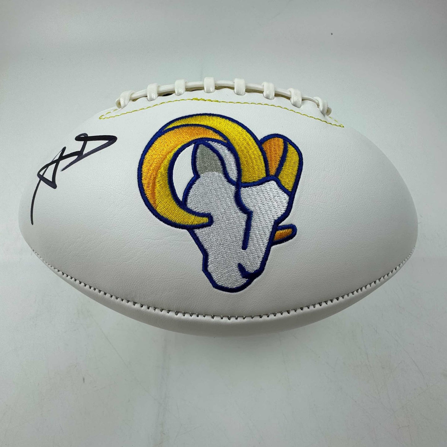 Autographed/Signed Aaron Donald Los Angeles Rams Full Size F/S White Panel Logo Football Beckett COA