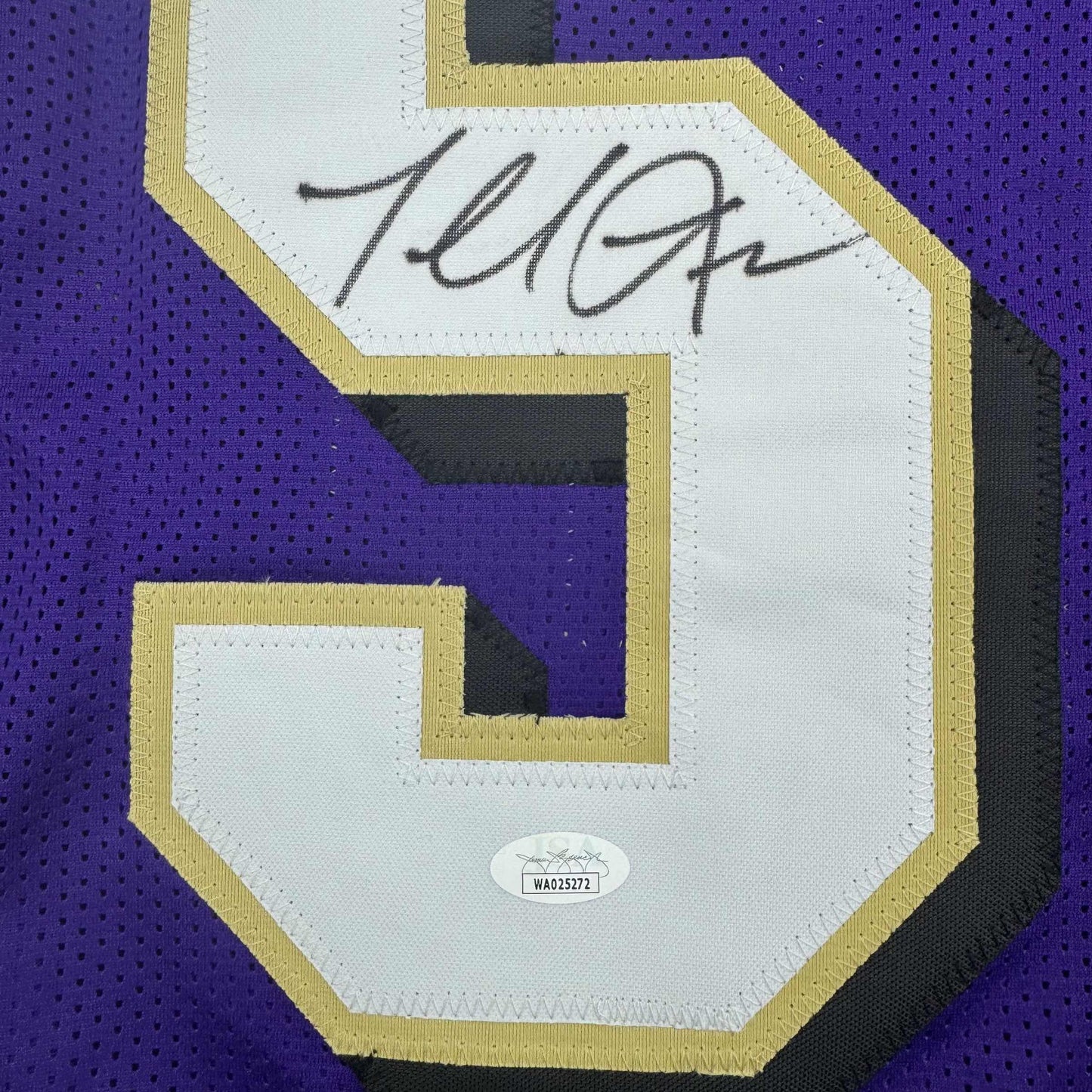 Autographed/Signed Terrell Suggs Baltimore Purple Football Jersey JSA COA #2