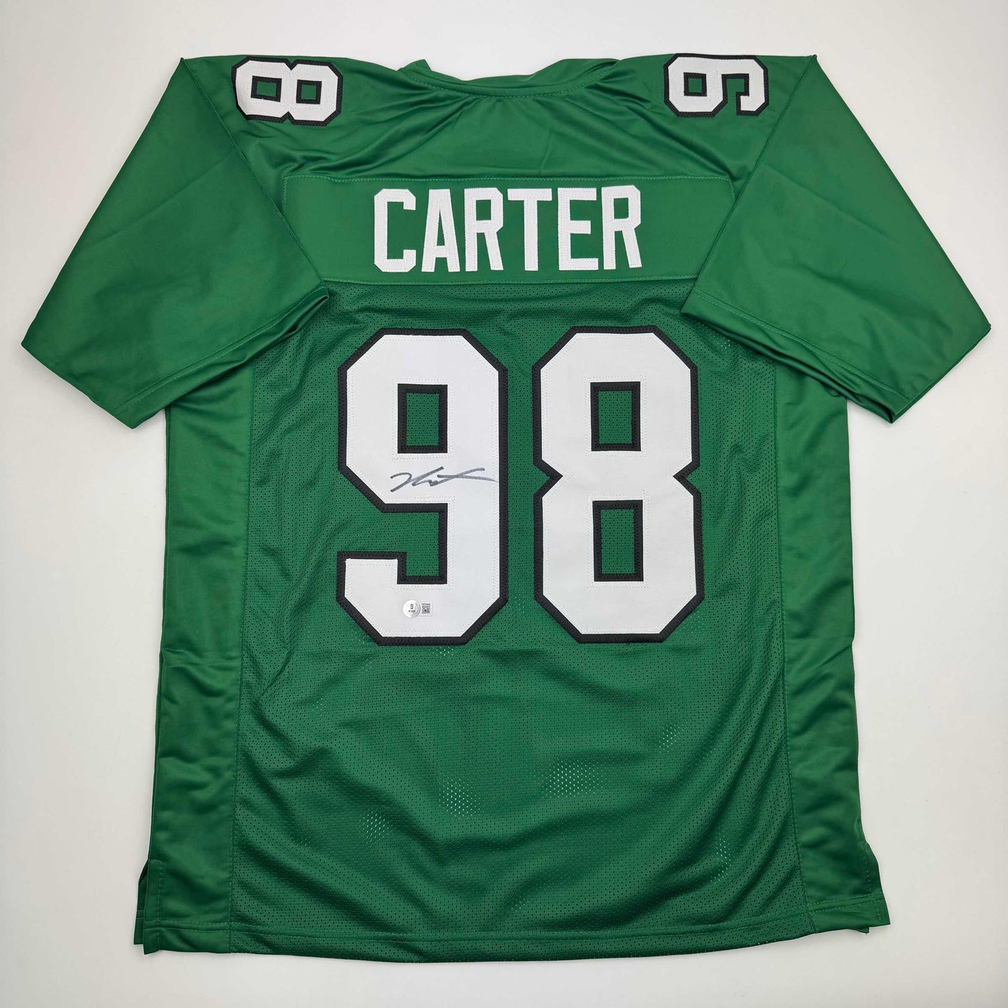 Autographed/Signed Jalen Carter Philadelphia Kelly Green Football Jersey Beckett BAS COA