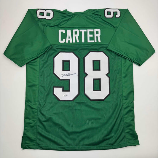 Autographed/Signed Jalen Carter Philadelphia Kelly Green Football Jersey Beckett BAS COA