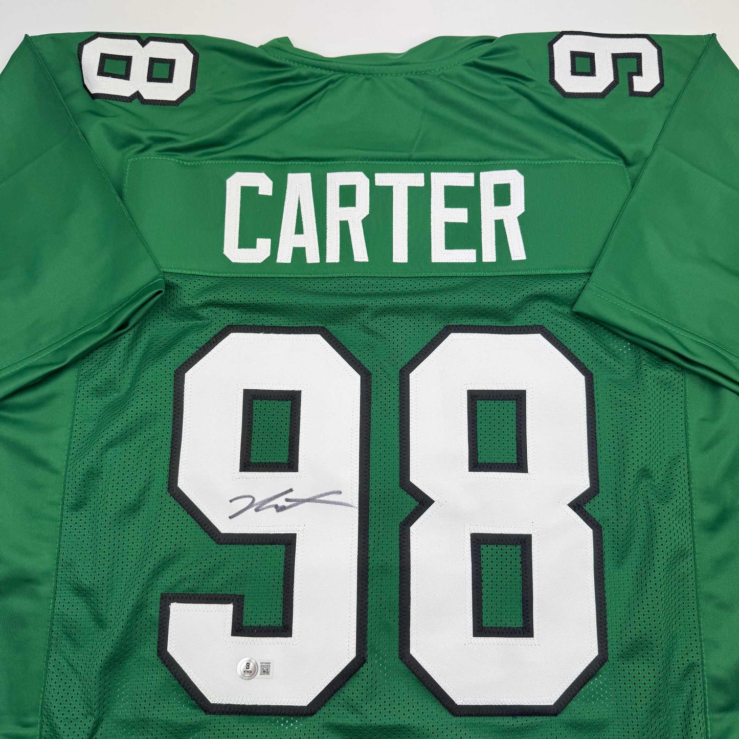 Autographed/Signed Jalen Carter Philadelphia Kelly Green Football Jersey Beckett BAS COA