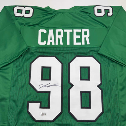 Autographed/Signed Jalen Carter Philadelphia Kelly Green Football Jersey Beckett BAS COA