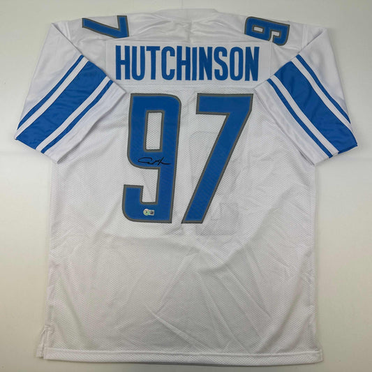 Autographed/Signed Aidan Hutchinson Detroit White Football Jersey Beckett BAS COA
