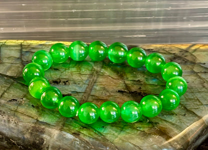 Green Cat Eye Stone Crystal Beaded Bracelet (8, 10, and 12 mm for Small and Medium Wrists)