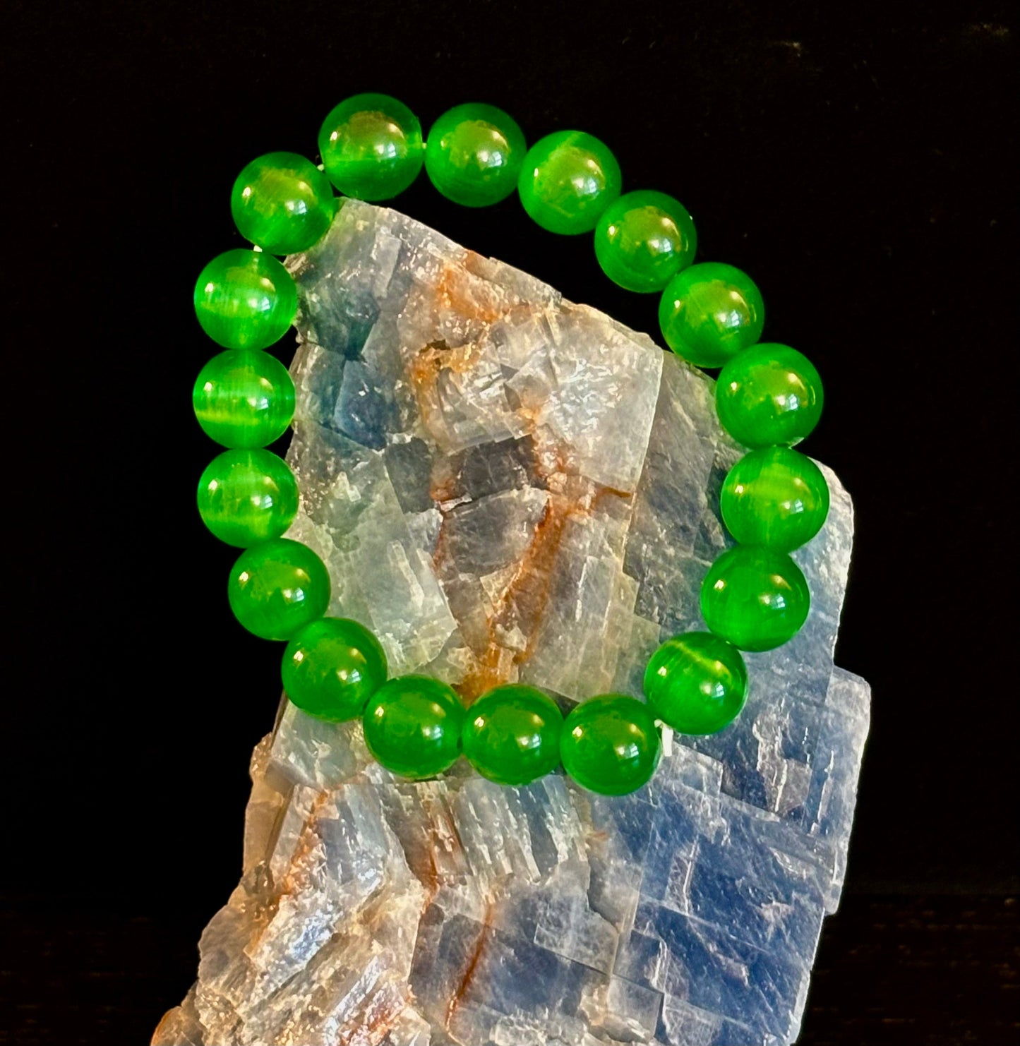 Green Cat Eye Stone Crystal Beaded Bracelet (8, 10, and 12 mm for Small and Medium Wrists)