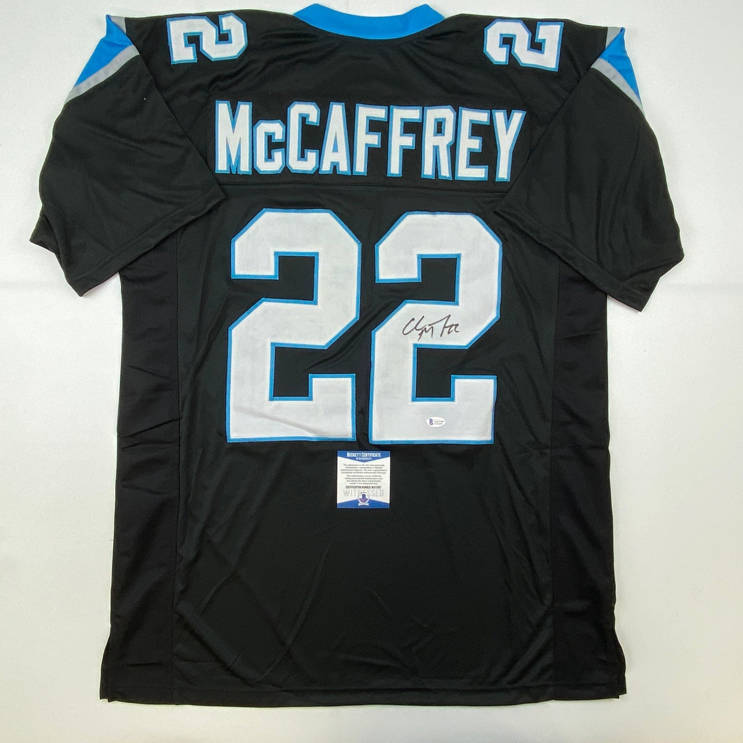 Autographed/Signed Christian McCaffrey Carolina Black Football Jersey Beckett BAS COA
