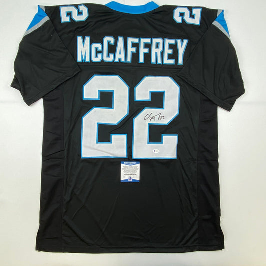 Autographed/Signed Christian McCaffrey Carolina Black Football Jersey Beckett BAS COA
