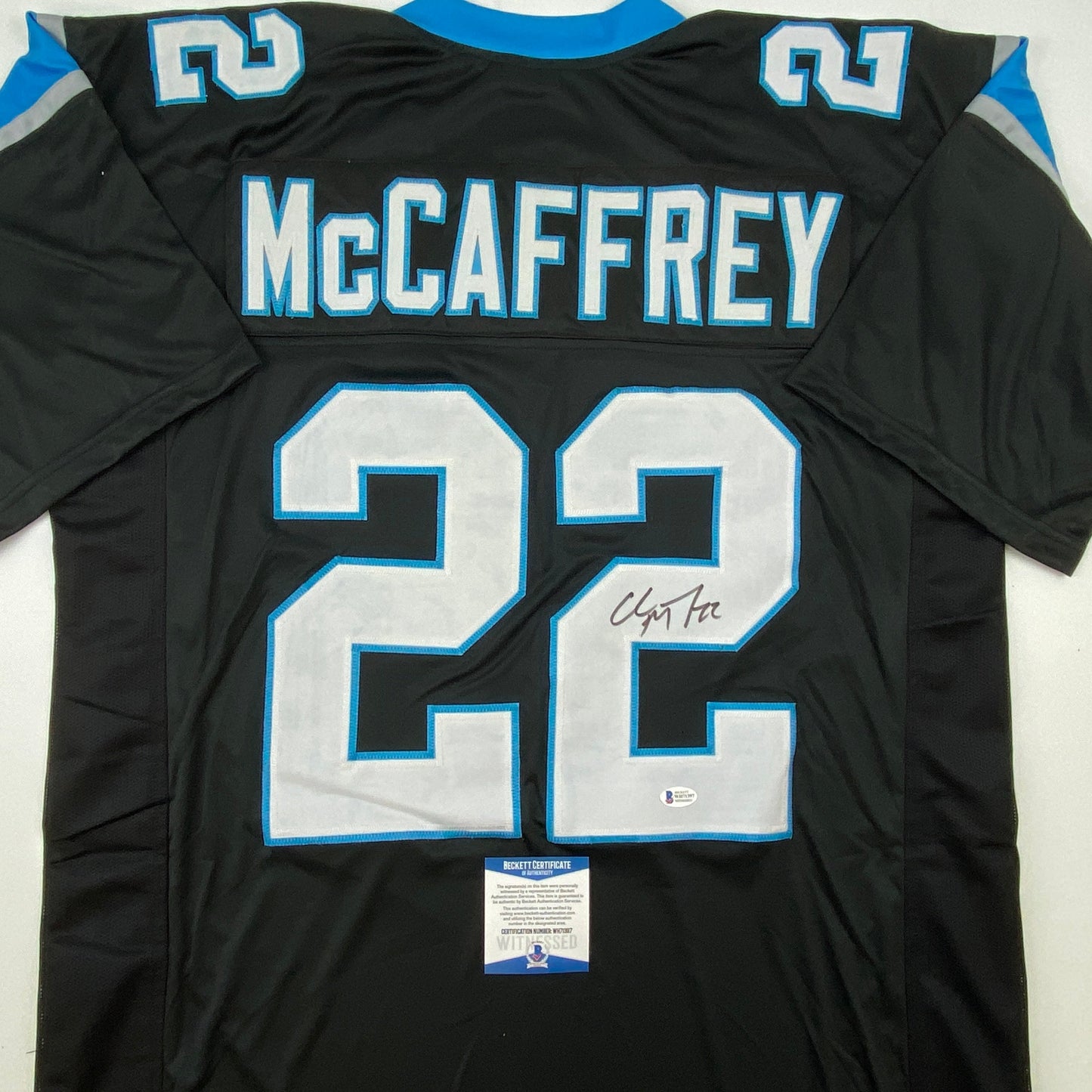Autographed/Signed Christian McCaffrey Carolina Black Football Jersey Beckett BAS COA