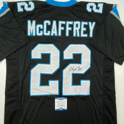 Autographed/Signed Christian McCaffrey Carolina Black Football Jersey Beckett BAS COA