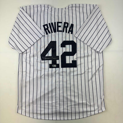 Autographed/Signed Mariano Rivera New York Pinstripe Baseball Jersey Beckett BAS COA Holo
