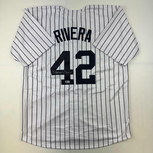 Autographed/Signed Mariano Rivera New York Pinstripe Baseball Jersey Beckett BAS COA Holo