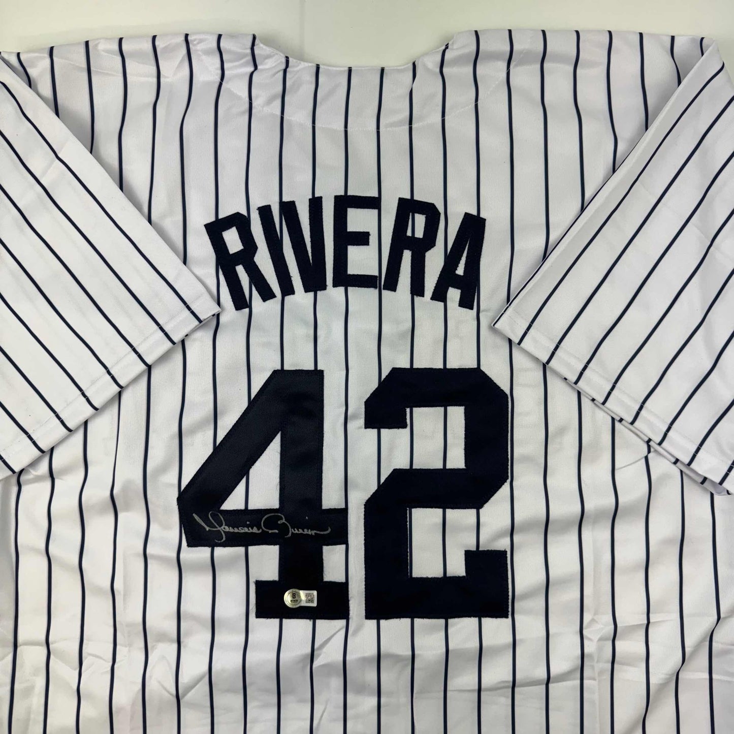 Autographed/Signed Mariano Rivera New York Pinstripe Baseball Jersey Beckett BAS COA Holo