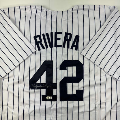Autographed/Signed Mariano Rivera New York Pinstripe Baseball Jersey Beckett BAS COA Holo