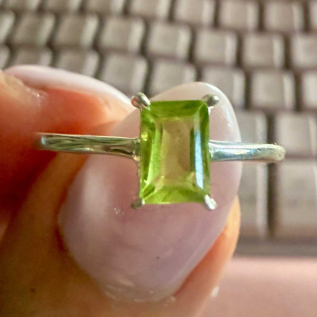 Peridot Emerald-Cut Prong Ring – Sterling Silver – Size 8
