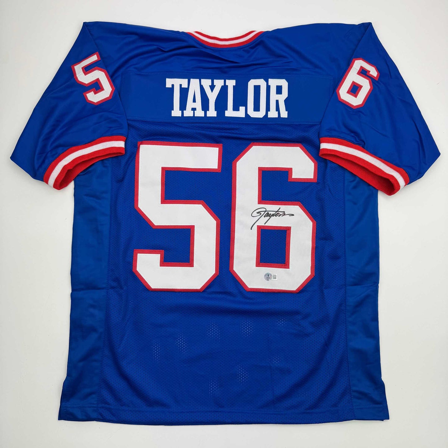 Autographed/Signed Lawrence Taylor New York Blue Football Jersey Beckett BAS COA