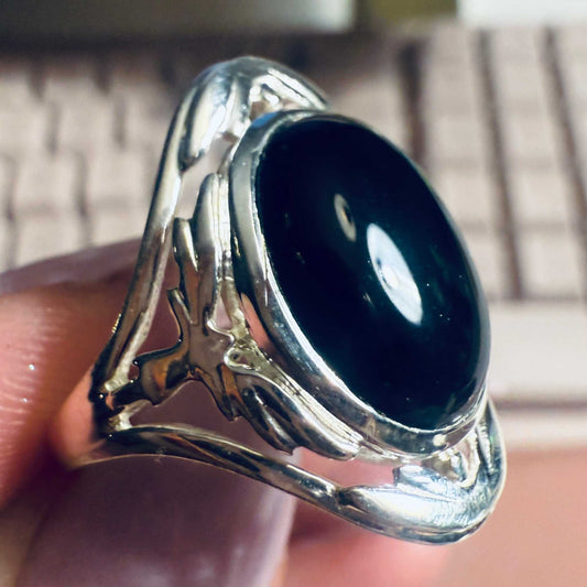 Black Onyx Filigree Frame Ring – Sterling Silver – Sizes 7 and 9