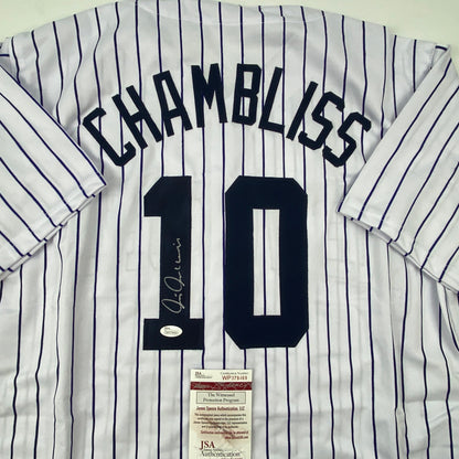 Autographed/Signed Chris Chambliss New York Pinstripe Baseball Jersey JSA COA