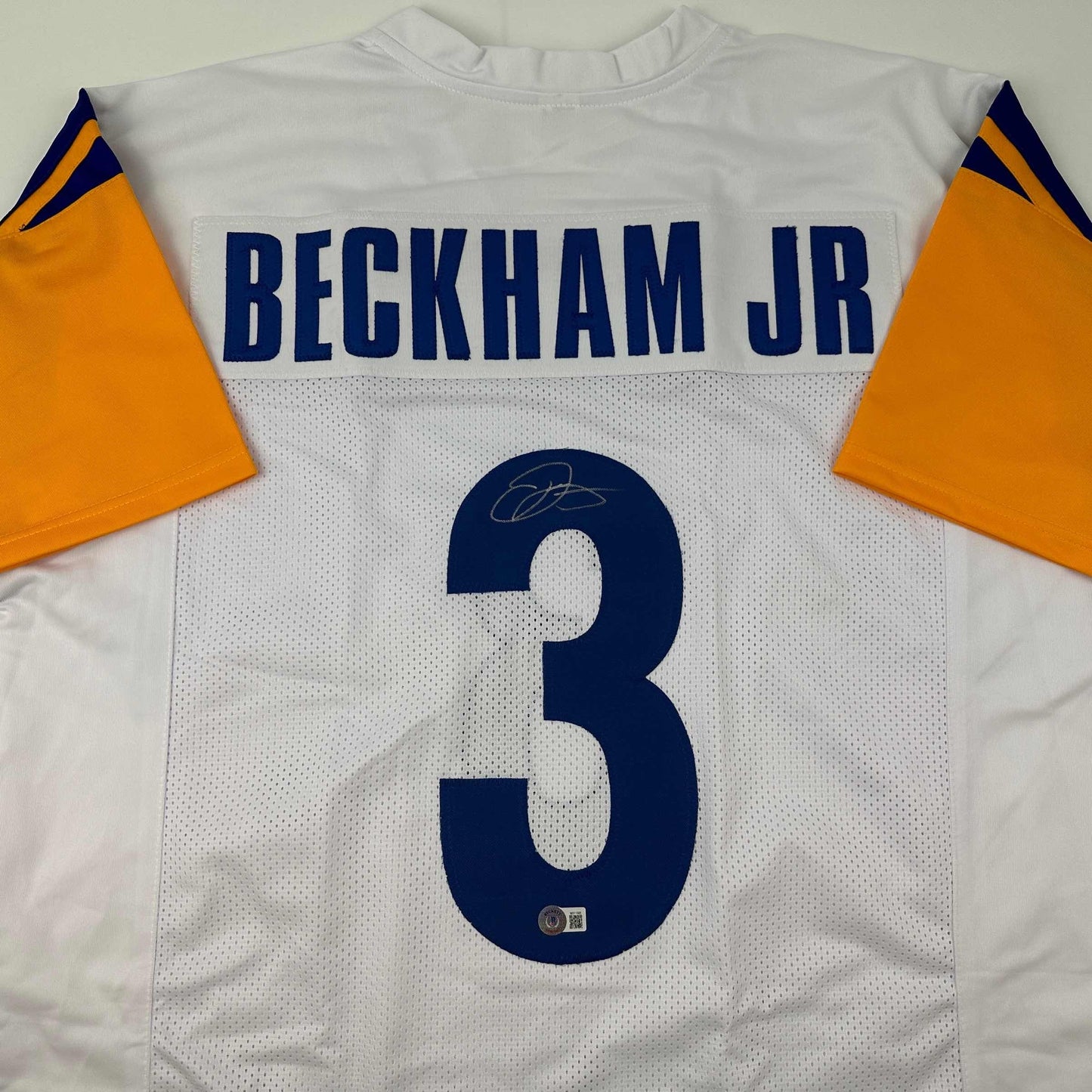 Autographed/Signed Odell Beckham Jr. OBJ Los Angeles LA White Football Jersey Beckett BAS COA