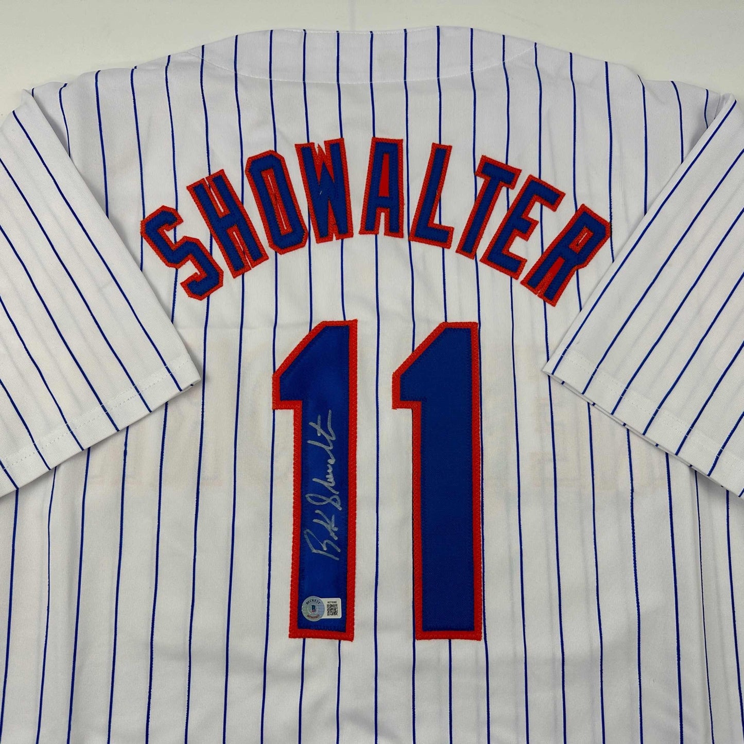 Autographed/Signed Buck Showalter New York Pinstripe Baseball Jersey Beckett BAS COA