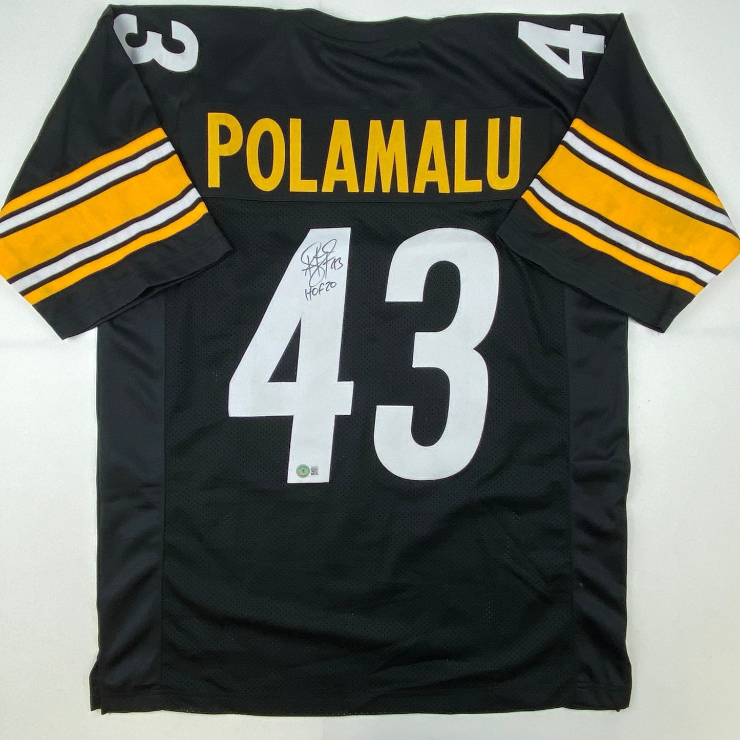 Autographed/Signed Troy Polamalu HOF 20 Pittsburgh Black Football Jersey Beckett BAS COA