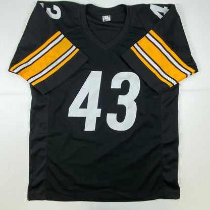 Autographed/Signed Troy Polamalu HOF 20 Pittsburgh Black Football Jersey Beckett BAS COA