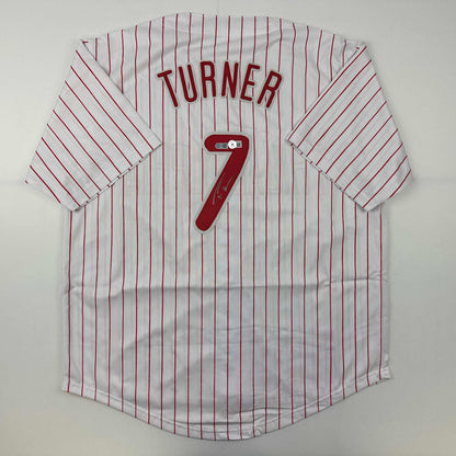 Autographed/Signed Trea Turner Philadelphia Pinstripe Baseball Jersey Beckett BAS COA