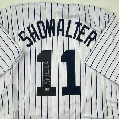 Autographed/Signed Buck Showalter New York Pinstripe Baseball Jersey MLB COA