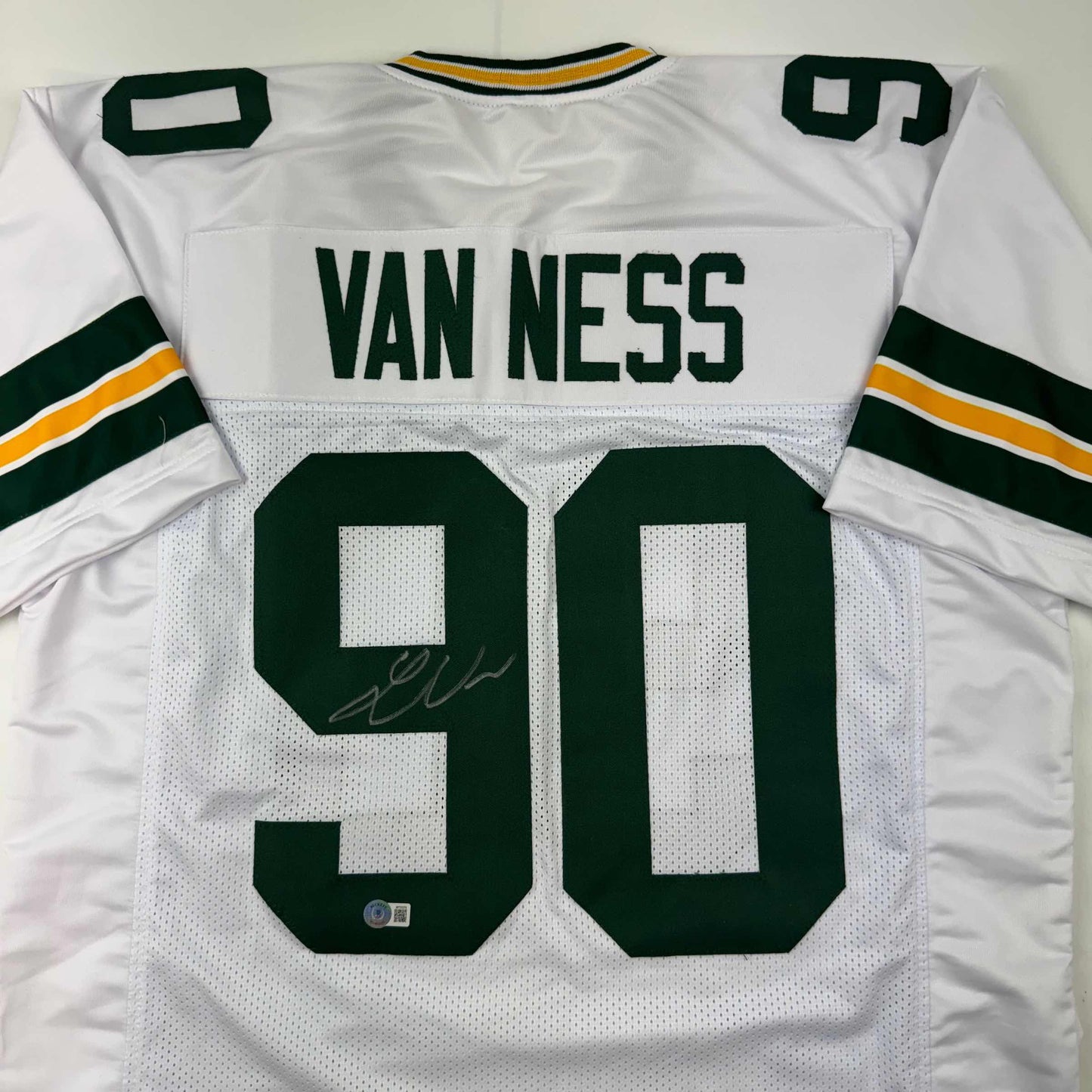 Autographed/Signed Lukas Van Ness Green Bay White Football Jersey Beckett BAS COA