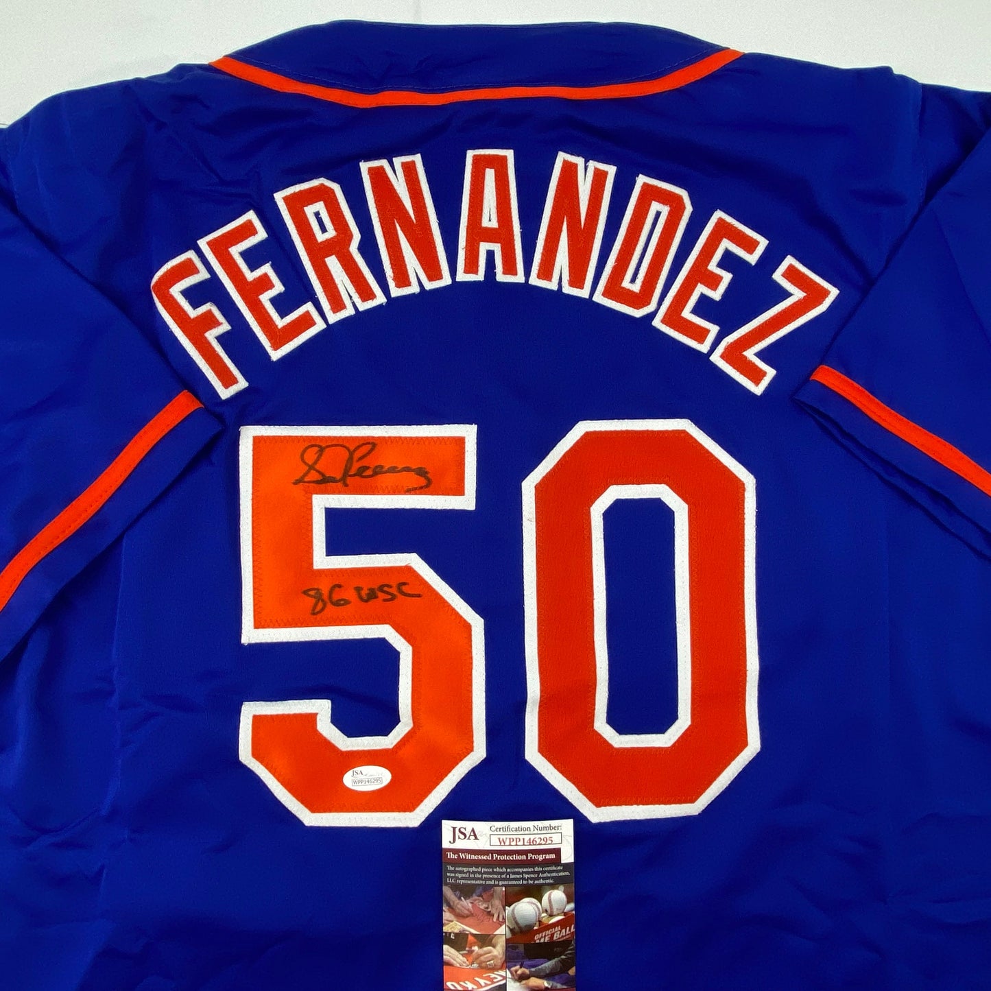 Autographed/Signed Sid Fernandez 86 WSC New York Blue Baseball Jersey JSA COA