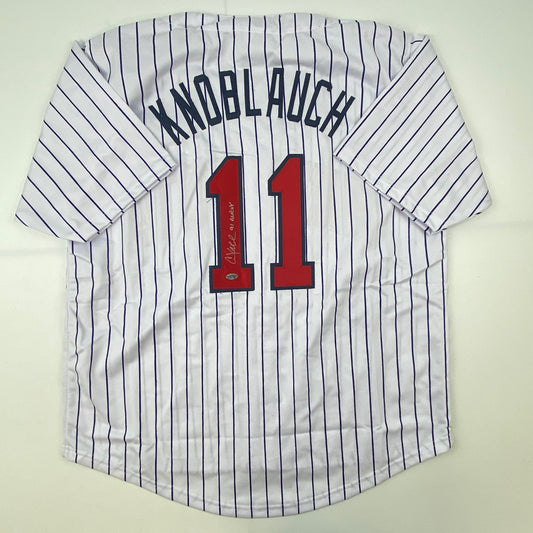 Autographed/Signed Chuck Knoblauch Minnesota Pinstripe Baseball Jersey Leaf Authentic COA