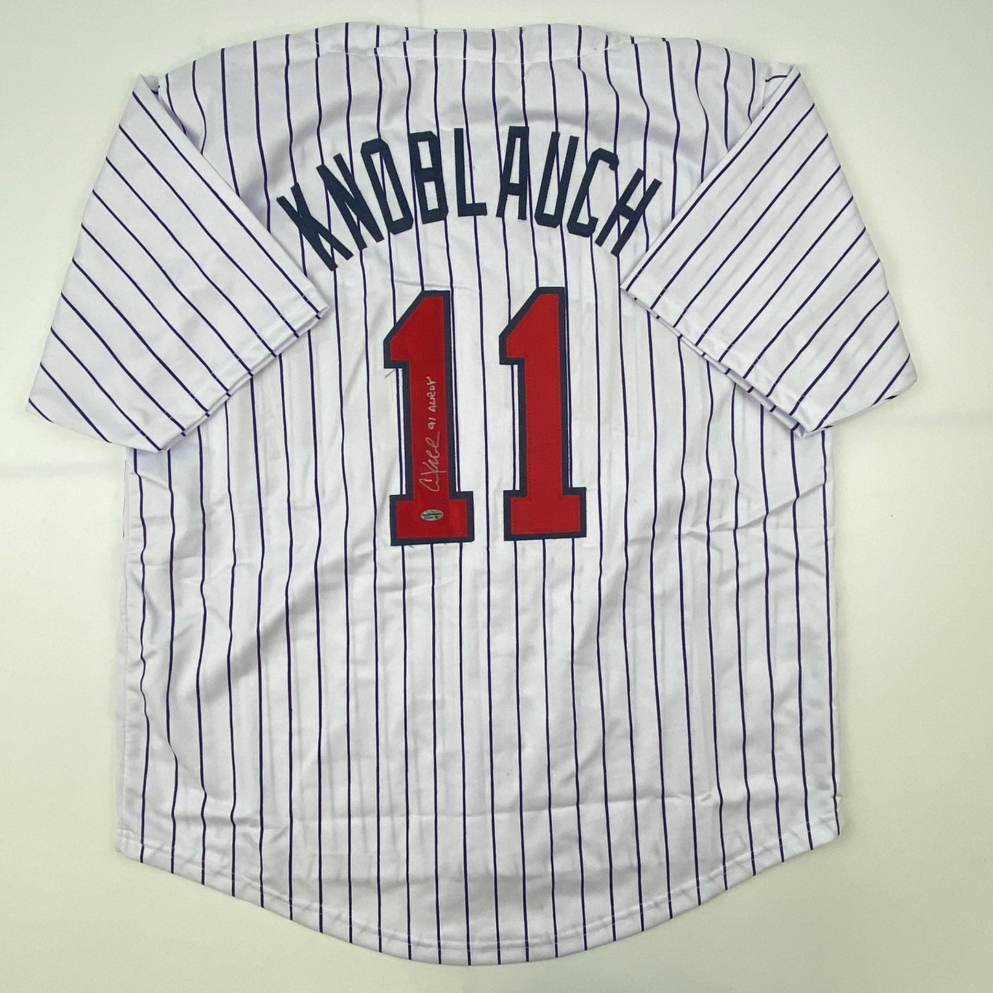 Autographed/Signed Chuck Knoblauch Minnesota Pinstripe Baseball Jersey Leaf Authentic COA - Triathlete Store