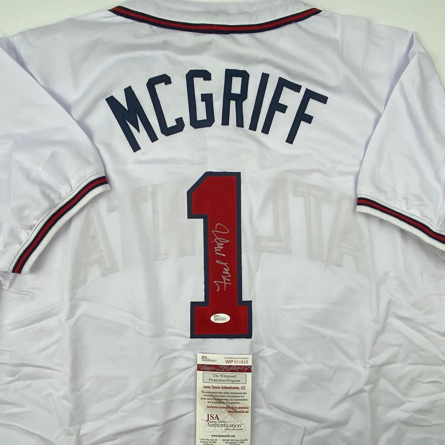 Autographed/Signed Fred McGriff Atlanta White Baseball Jersey JSA COA