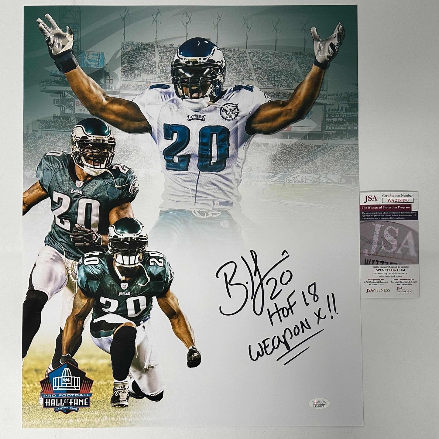 Autographed/Signed Brian Dawkins 2x Inscribed HOF 18 Weapon X Philadelphia Eagles 16x20 Football Photo JSA COA