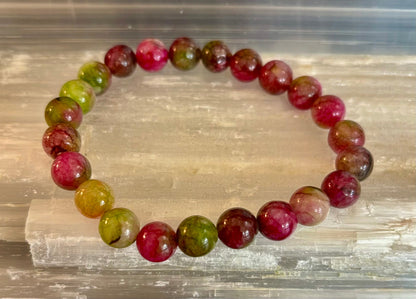 Reiki-Infused Natural Watermelon Tourmaline Bracelet for Heart Chakra Healing, Emotional Balance & Joy (8mm)