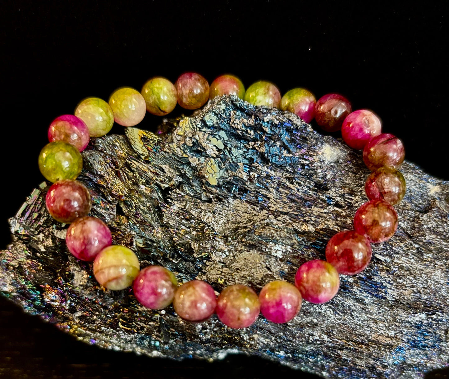 Reiki-Infused Natural Watermelon Tourmaline Bracelet for Heart Chakra Healing, Emotional Balance & Joy (8mm)