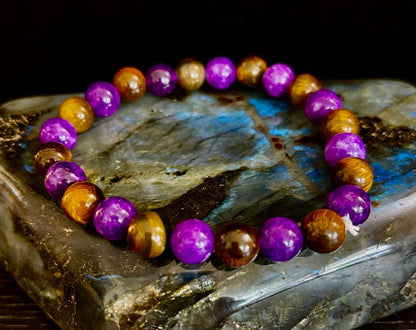 Reiki-Infused Natural Amethyst & Tiger’s Eye Bracelet for Intuition, Confidence & Protection (8mm)