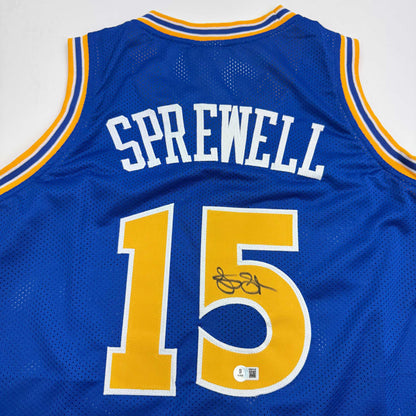 Autographed/Signed Latrell Sprewell Golden State Blue Basketball Jersey Beckett BAS COA