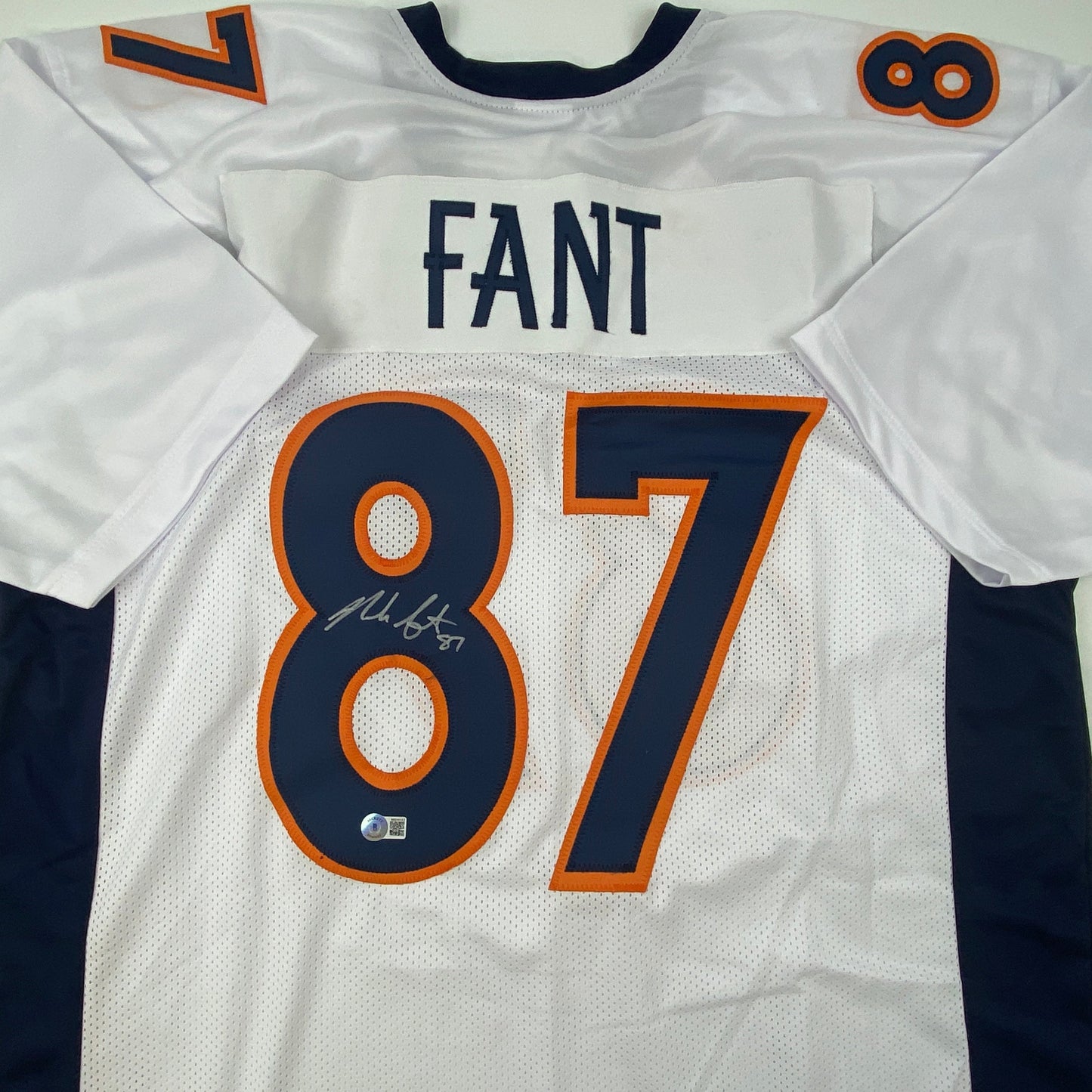 Autographed/Signed Noah Fant Denver White Football Jersey Beckett BAS COA